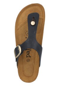 Infradito neri con cinturino in pelle e fibbia metallica. Sottopiede in sughero con superficie texturizzata. Logotipo stampato sulla soletta.