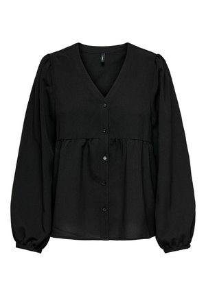 Schwarze Bluse mit V-Ausschnitt, langen Puffärmeln und Knopfleiste. Hergestellt aus glattem Stoff, mit einem gerafften Taillendetail.