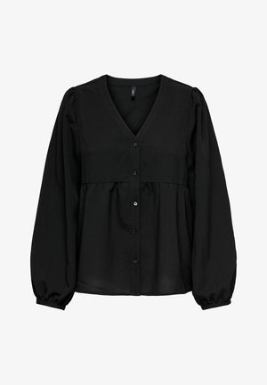 Schwarze Bluse mit V-Ausschnitt, langen Puffärmeln und Knopfleiste. Hergestellt aus glattem Stoff, mit einem gerafften Taillendetail.