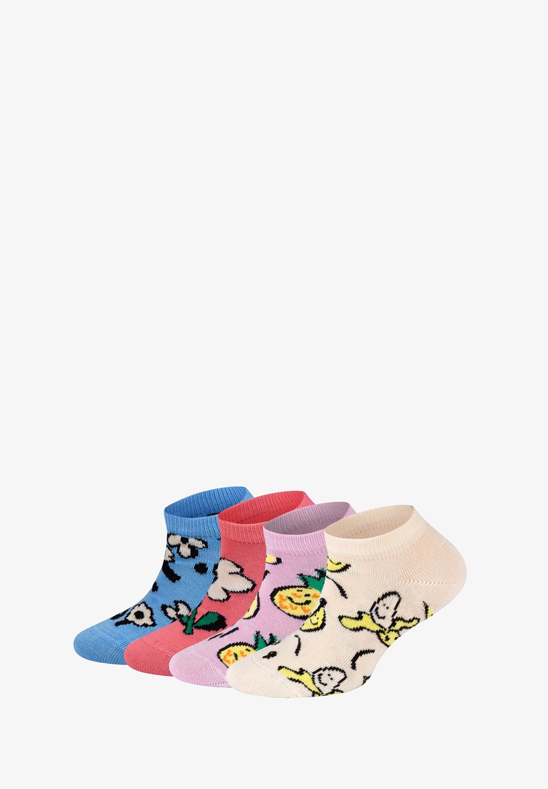 Cztery pary skarpetek kostkowych: niebieskie w kwiatowy wzór, różowe z rysunkami owoców, lawendowe z minimalistycznym wzorem oraz beżowe z zabawnym printem bananów.