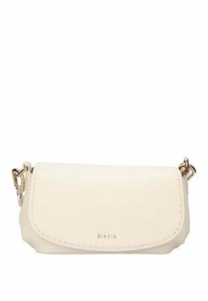 Cream-colored leather shoulder bag with stitched edges and gold-tone hardware, featuring a front flap and "BIASIA" branding.