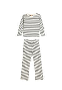 Stribet bomulds pyjamasæt med langærmet top og lange bukser. Farver: creme med sorte vandrette striber. Blød tekstur, afslappet pasform.