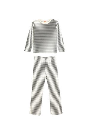 Conjunto de pijama de algodón a rayas con camiseta de manga larga y pantalones de longitud completa. Colores: crema con rayas horizontales negras. Textura suave, ajuste casual.