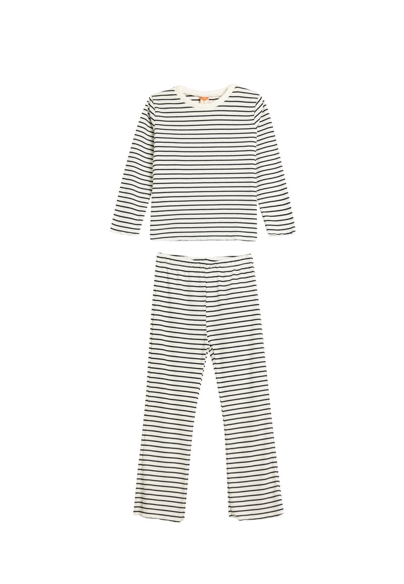 Stribet bomulds pyjamasæt med langærmet top og lange bukser. Farver: creme med sorte vandrette striber. Blød tekstur, afslappet pasform.