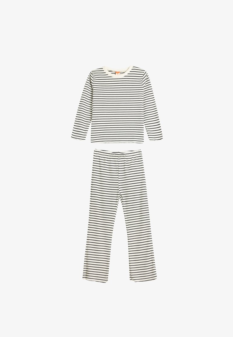 Sarja pyjama-setti, jossa on pitkähihaiset pusero ja kokopitkät housut. Värit: kerma mustilla vaakaraitoja. Pehmeä tekstuuri, rento istuvuus.