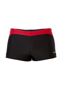 Zwarte zwembroek met een rode tailleband en zijaccenten. Gemaakt van glad, rekbaar materiaal. Bevat een merklogo aan de rechteronderzijde.