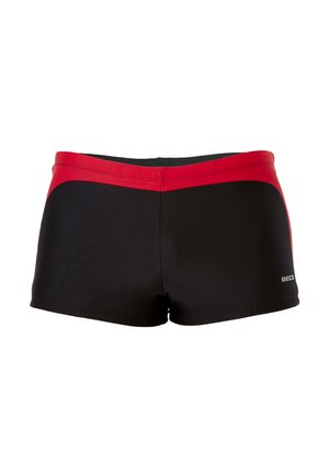 Zwarte zwembroek met een rode tailleband en zijaccenten. Gemaakt van glad, rekbaar materiaal. Bevat een merklogo aan de rechteronderzijde.