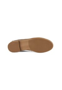 Schoenzool, rubber materiaal, beige kleur, gestructureerd oppervlak met kleine verhoogde stippen, ronde vorm en een lichte kromming naar het teengebied.