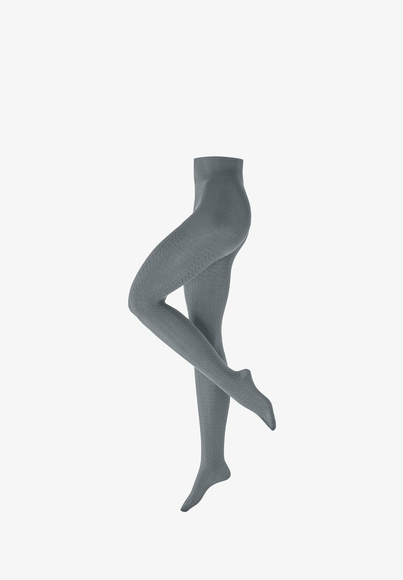 Szare rajstopy w wzór z teksturowanym splotem warkoczowym, bezszwowa konstrukcja oraz miękka wykończenie dla komfortu i ciepła.