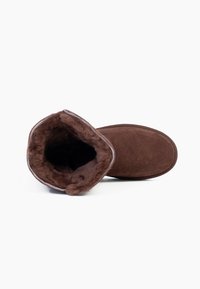 Brun, mockask ankleboot med en mjuk, fluffig innerfoder. Toppdelen är rullad ner, vilket avslöjar den plyschiga texturen och det enkla designen.