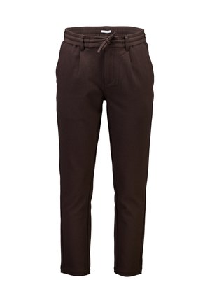 Bruine sweatpants met een tailleband met trekkoord, taps toelopende benen en zijzakken; gemaakt van een zachte, gestructureerde stof.