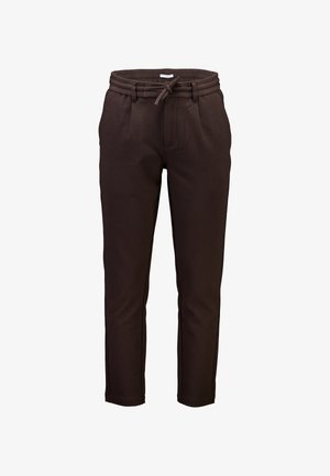 Bruine sweatpants met een tailleband met trekkoord, taps toelopende benen en zijzakken; gemaakt van een zachte, gestructureerde stof.