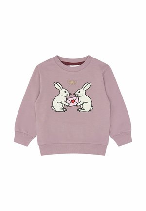 Jasnofioletowa dziecięca bluza z dwoma białymi królikami trzymającymi różową kopertę z czerwoną serduszkiem pomiędzy nimi i małą złotą kokardą ponad nimi.