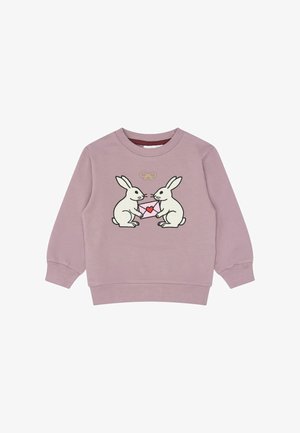 Sweat-shirt enfant violet clair avec deux lapins blancs tenant une enveloppe rose avec un cœur rouge entre eux, et un petit nœud doré au-dessus.