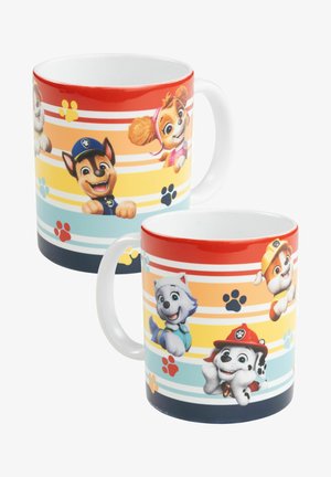 Tazza in ceramica con un design a strisce colorate. Immagini di cani cartoon in tonalità vivaci: rosso, arancione, blu e giallo. Manico bianco.