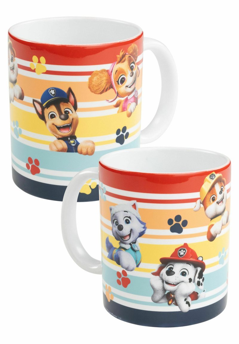 Tazza in ceramica con un design a strisce colorate. Immagini di cani cartoon in tonalità vivaci: rosso, arancione, blu e giallo. Manico bianco.