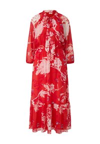 Robe midi rouge à manches longues avec imprimé floral rose et blanc, encolure froncée et détail lien à la taille.