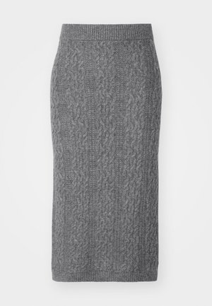 Gray knitted pencil skirt featuring a cable knit pattern, elastic waistband, and a fitted silhouette, made from a soft fabric.