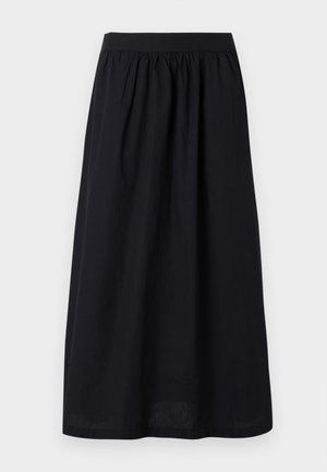 Black A-line skirt made of lightweight fabric. Features a gathered waist and a floor-length design, providing a simple, streamlined appearance.