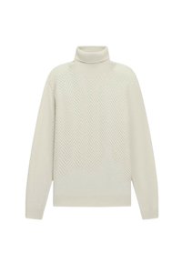 Maglione a collo alto color beige chiaro con motivo a spina di pesce, scollatura e polsini a costine, vestibilità rilassata e texture in maglia morbida.