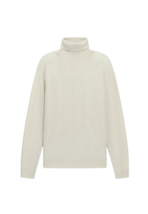 Maglione a collo alto color beige chiaro con motivo a spina di pesce, scollatura e polsini a costine, vestibilità rilassata e texture in maglia morbida.