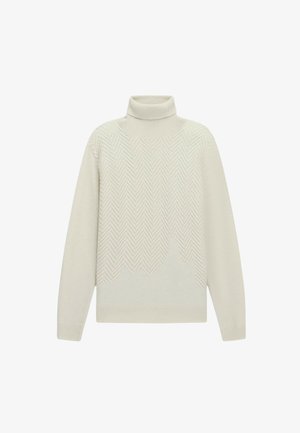 Hellbeige Rollkragenpullover mit Fischgrat-Muster, ribbeltem Kragen und Bündchen, lockerer Passform und weichem Strickmaterial.