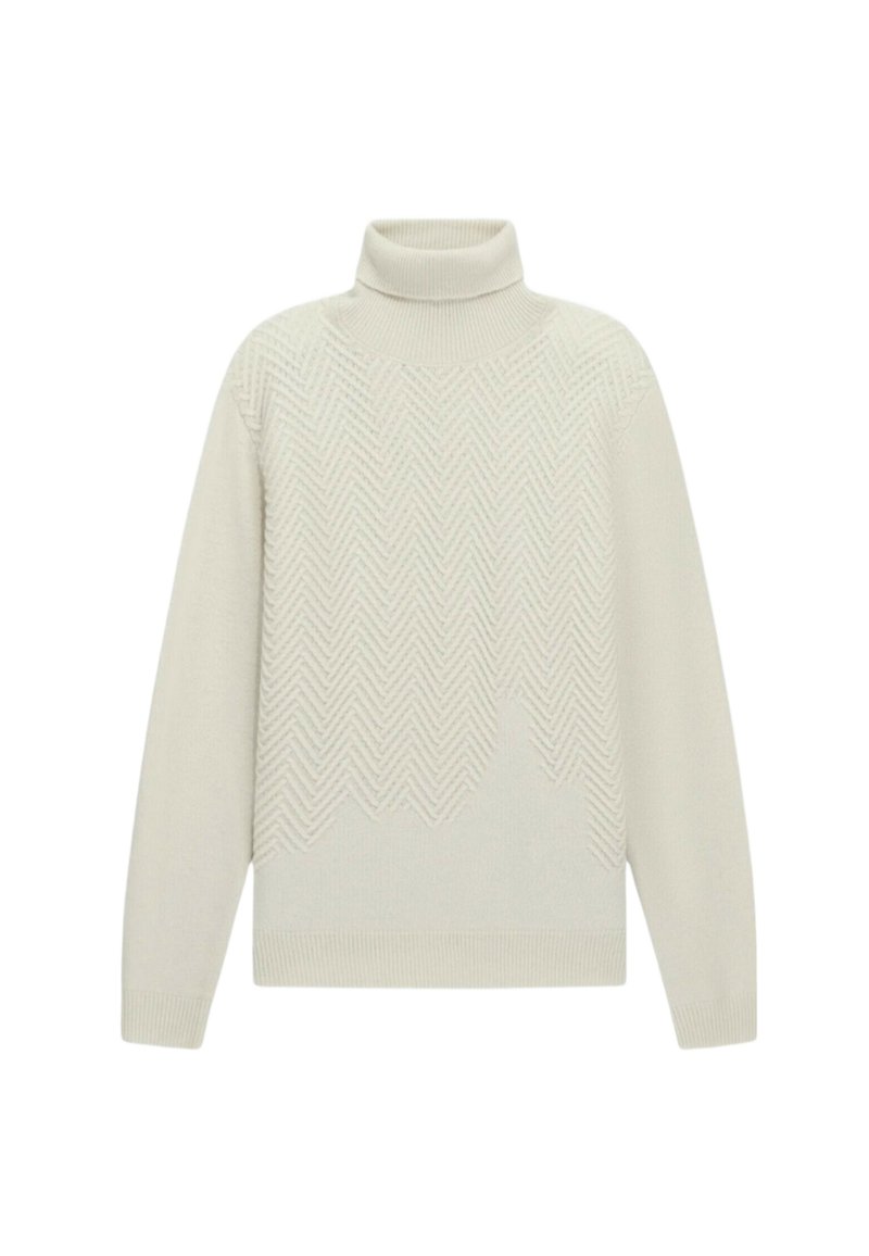 Maglione a collo alto color beige chiaro con motivo a spina di pesce, scollatura e polsini a costine, vestibilità rilassata e texture in maglia morbida.