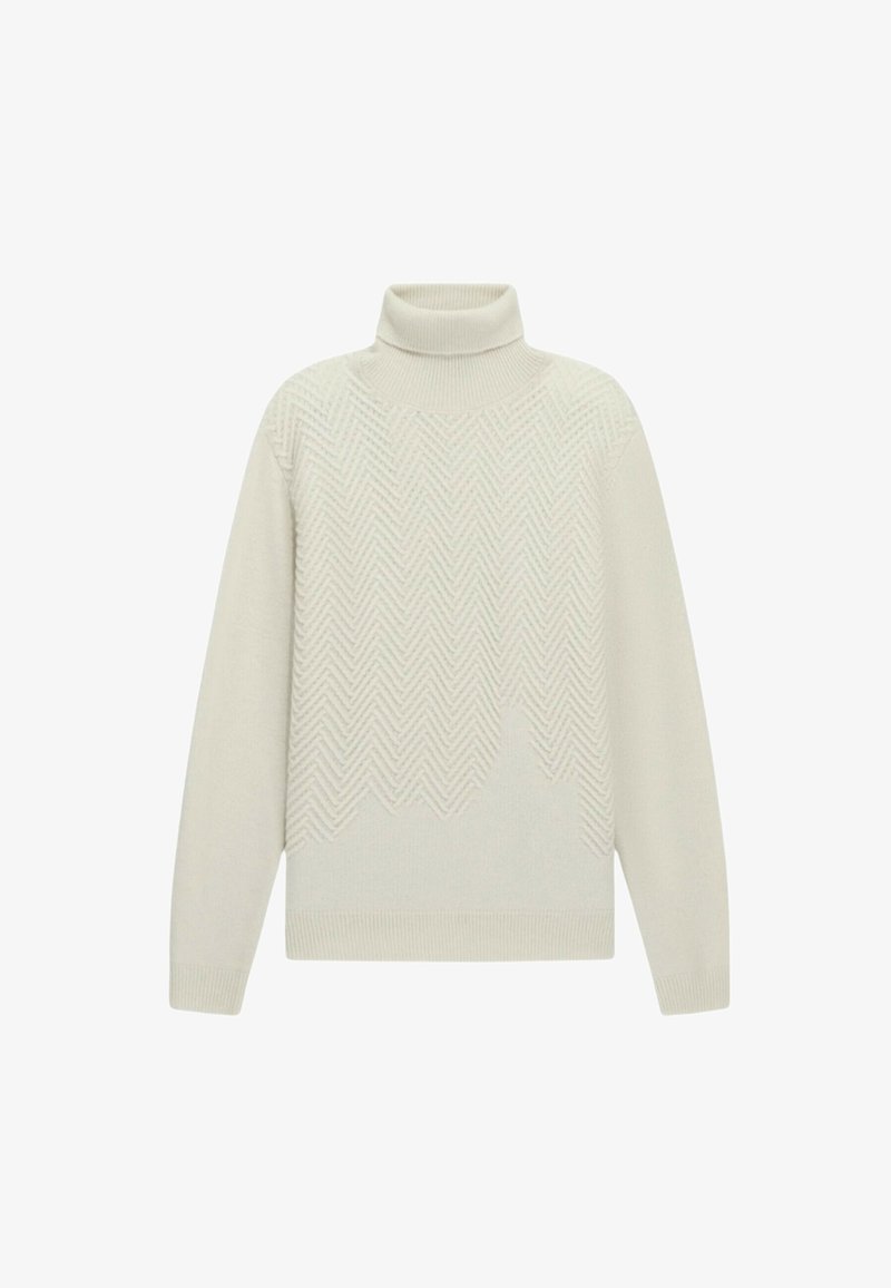 Maglione a collo alto color beige chiaro con motivo a spina di pesce, scollatura e polsini a costine, vestibilità rilassata e texture in maglia morbida.