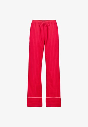 Red pinstriped pants with a drawstring waist and wide legs. Cuffs feature a solid white accent at the hem. Made from lightweight fabric.