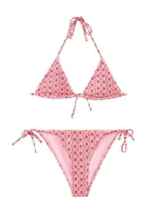 Bikini triangular de estampado rosa y rojo con lazos de cuello halter en la parte superior y lazos laterales en la parte inferior.