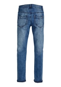 Modré džíny s rovnými nohavicami, vybavené dvoma zadnými vreckami a jemným opotrebovaním. Tkanina má textúrovaný, umývaný povrch.