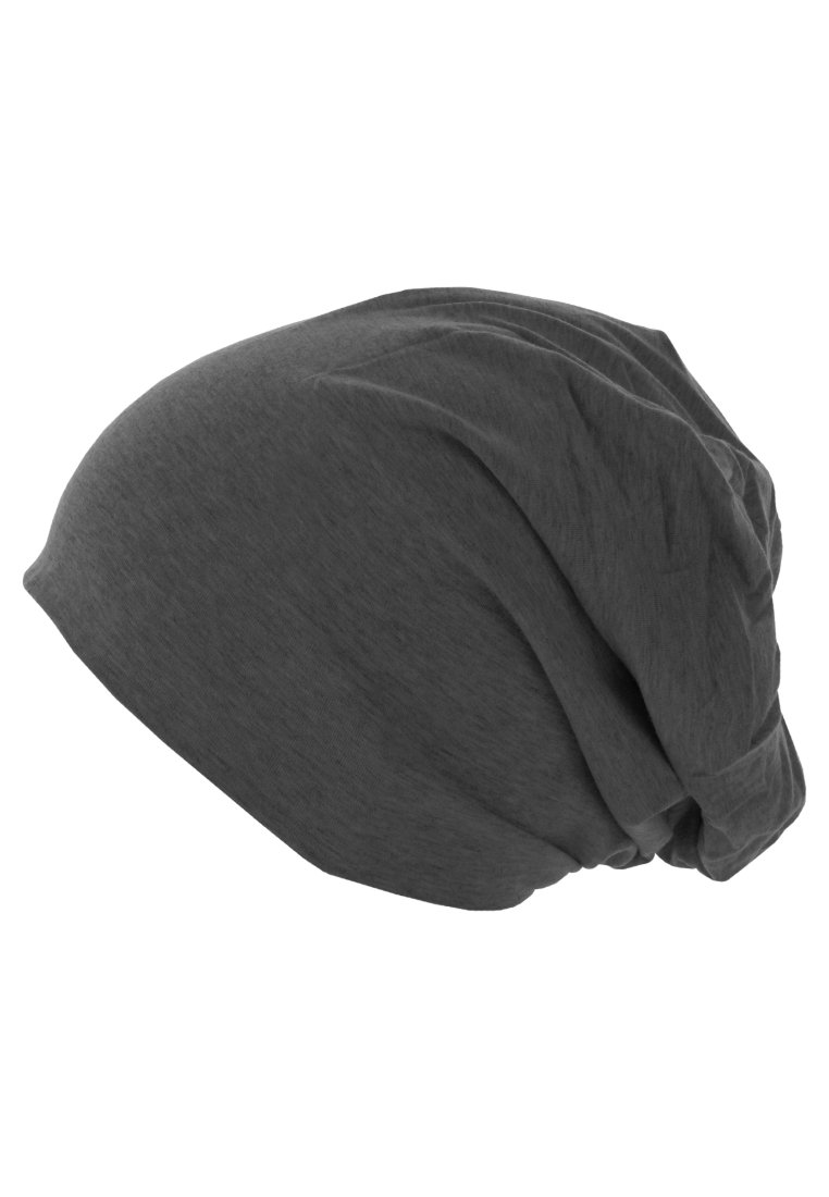 Dark gray beanie with a soft, textured fabric. It features a loose, slouchy design with subtle folds and an elasticized edge for fit.