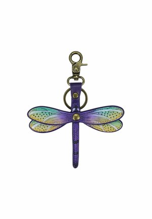Sleutelhanger in de vorm van een paarse en turquoise libel met een bronzen sluiting en ring, met gedetailleerd ontwerp van vleugels en lichaam.