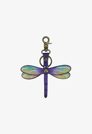 Sleutelhanger in de vorm van een paarse en turquoise libel met een bronzen sluiting en ring, met gedetailleerd ontwerp van vleugels en lichaam.