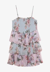 Kukallinen mekko, jossa on smokkauksella koristeltu yl�äosa, ohuet hihnat ja kerrokselliset röyhelöt pastellinsinisenä ja -pinkkinä. Kevyt, laskeutuva kangas.