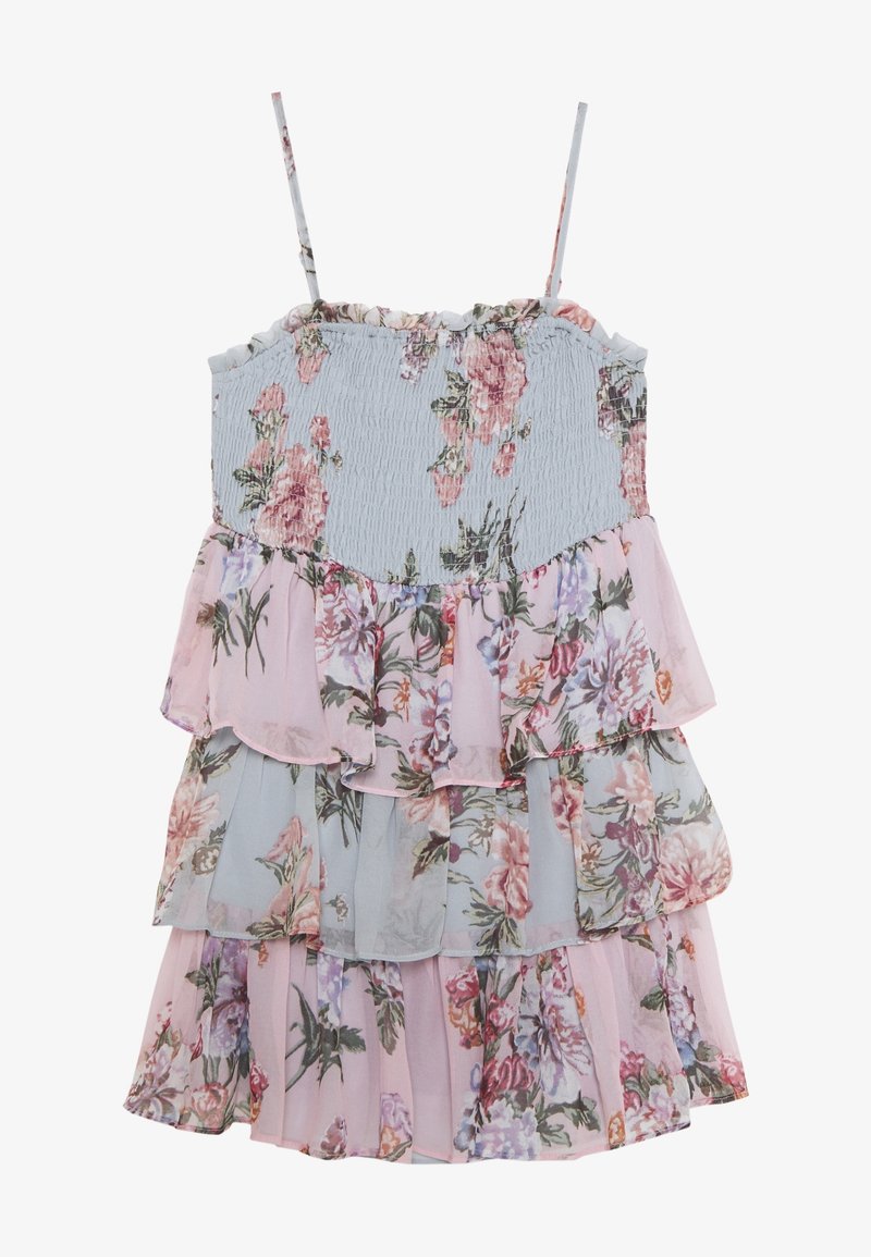 Kukallinen mekko, jossa on smokkauksella koristeltu yläosa, ohuet hihnat ja kerrokselliset röyhelöt pastellinsinisenä ja -pinkkinä. Kevyt, laskeutuva kangas.