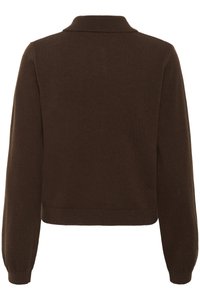 Bruine gebreide cardi met een zachte textuur, voorzien van een kraag, lange mouwen, een cropped zoom en geribde manchetten.