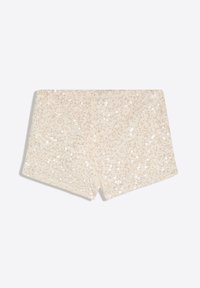 Shorts pour femme couleur crème couverts de petites sequins, affichés à plat sur un fond clair uni.
