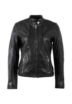 Zwarte leren jas met een ritssluiting aan de voorkant, twee zakken met rits en decoratieve stiksels op de schouders. Gladde textuur, nauwsluitend ontwerp.