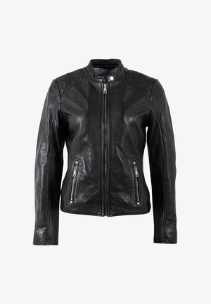 Schwarze Lederjacke mit durchgehendem Reißverschluss, zwei Reißverschlusstaschen und dekorativen Nähten auf den Schultern. Glatte Textur, tailliertes Design.