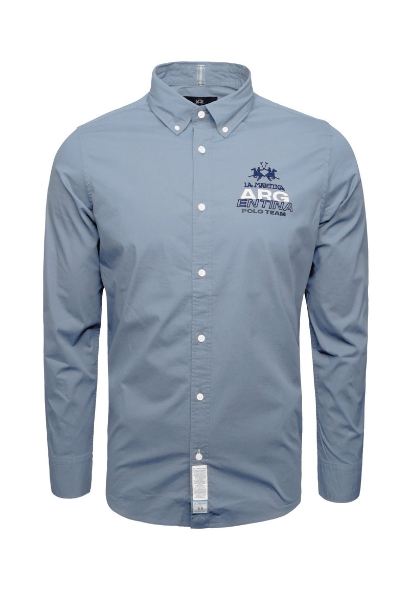Blue cotton long-sleeve polo shirt with a button-down collar, featuring logo and text embroidery on the chest. Noticeable front buttons.