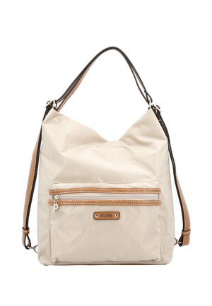 Beige schoudertas met voorvak met rits, bruine rand, zilveren ritstrekker en verstelbare banden met witte stiksel.