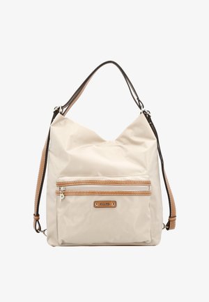 Sac à épaule beige avec poche zippée devant, bordure marron, tirette argentée et bretelles ajustables avec surpiqûres blanches.