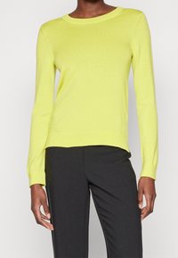 Lime green long-sleeve knit sweater with a crew neckline and ribbed cuffs, paired with black pants for contrast. Soft texture, fitted cut.