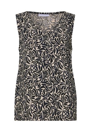 Top sans manches avec un design en V, fabriqué dans un tissu à base crème et motif de feuilles noires tourbillonnantes. Texture douce, coupe décontractée.