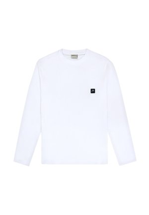 Langærmet hvid bomulds-T-shirt med en sort firkantet logo-detalje på venstre bryst. Klassisk rund halsudskæring og lige pasform.