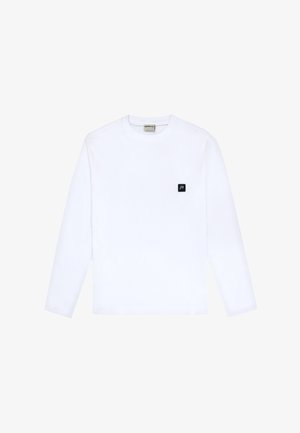 Bijela pamučna majica dugih rukava s crnim kvadratnim logotipom na lijevoj strani prsa. Klasični okrugli izrez i ravni kroj.