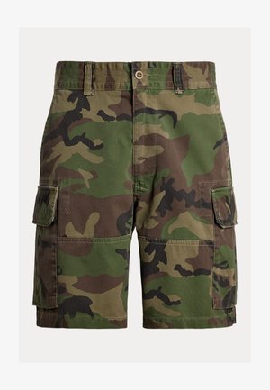 Pantaloni scurți cargo cu model camuflaj în nuanțe de verde și maro, având multiple buzunare laterale, închidere cu nasturi și țesătură robustă din bumbac.