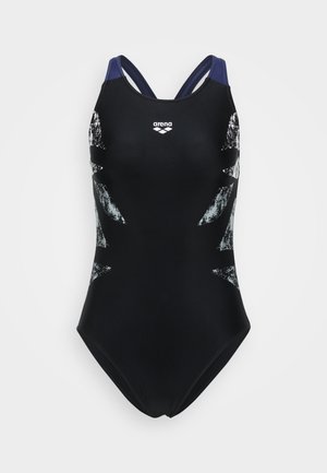 Costume da bagno nero con spalline blu, caratterizzato da un motivo grafico grigio. Realizzato in materiale elastico, progettato per il nuoto con una silhouette slanciata.