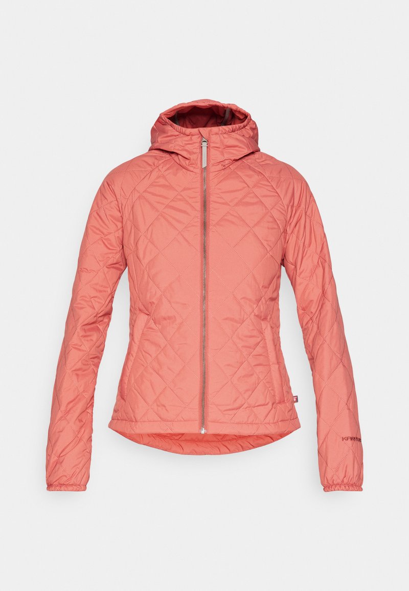 Lightweight pink quilted jacket with a hood, featuring a central zipper and elastic cuffs, made from smooth fabric with a matte finish.